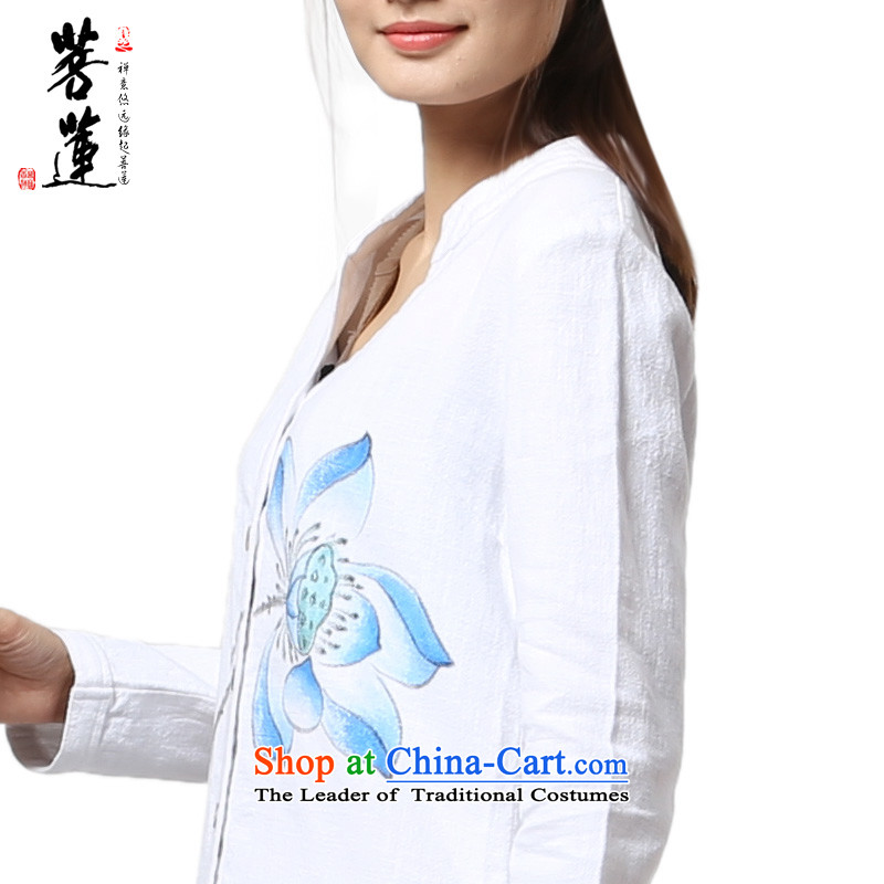 On Lin cotton linen ramie womens long-sleeved leisure retreat hand-painted Yi China wind yoga meditation ball meditation tai chi services white painted green lotus S, pursue Wu , , , shopping on the Internet