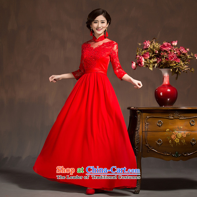 Red married women serving bows dress in spring and summer 2015 new long-sleeved Qipao Length of Sau San dresses female red L, Yue the Marriage Code Arts , , , shopping on the Internet