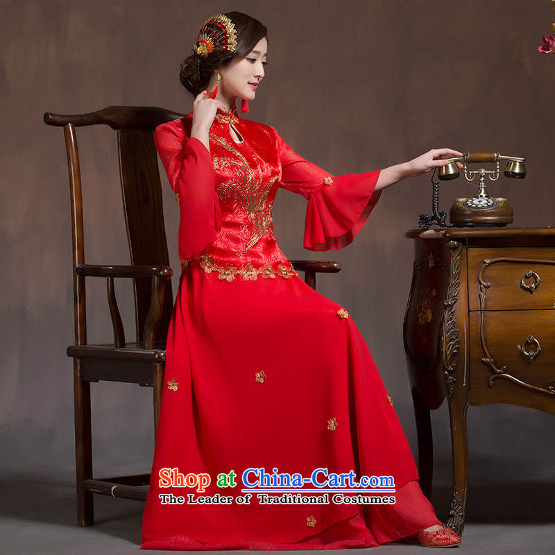 2015 Long toasting champagne qipao bride services in red sleeved improved Chinese style wedding dresses marriage retro 7 Cuff Red?XL code