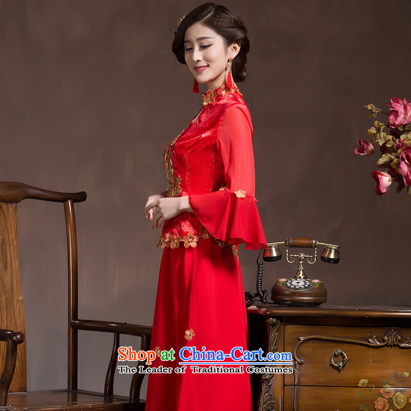 2015 Long toasting champagne qipao bride services in red sleeved improved Chinese style wedding dresses marriage retro 7 Cuff red , Yue the code XL married arts , , , shopping on the Internet