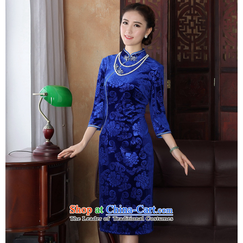 Figure autumn flowers replacing Tang dynasty cheongsam dress Chinese improved collar Stretch Wool embossing 7 cuff, long blue dress , L, flower cheongsam figure , , , shopping on the Internet