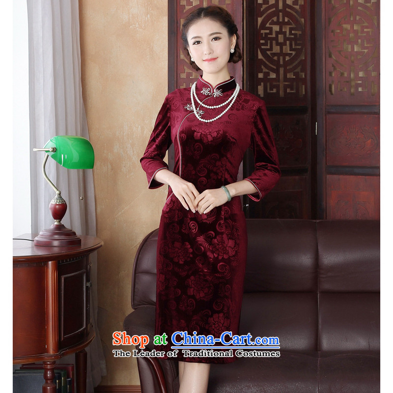Dan smoke spring cheongsam dress Tang Dynasty Chinese improved collar Stretch Wool embossing 7 cuff in long gown RED M Dan qipao smoke , , , shopping on the Internet