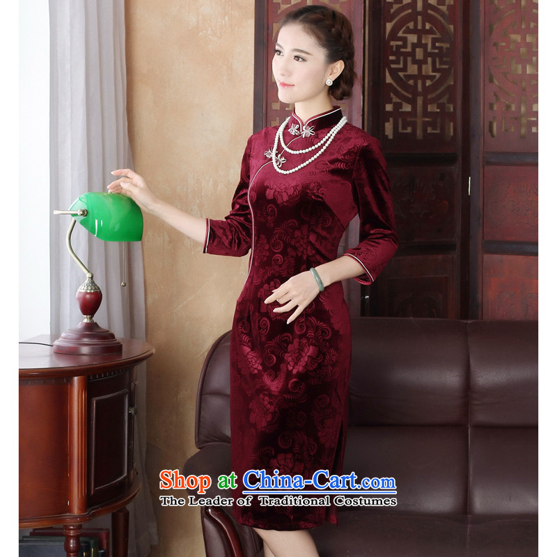Dan smoke spring cheongsam dress Tang Dynasty Chinese improved collar Stretch Wool embossing 7 cuff in long gown RED M Dan qipao smoke , , , shopping on the Internet