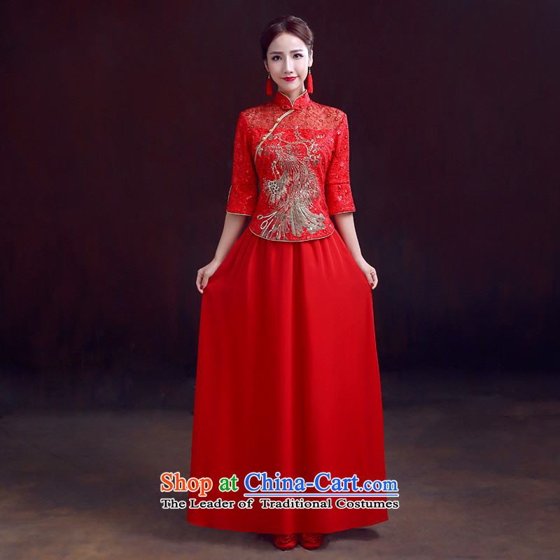The dumping of the wedding dress wedding dress 2015 new autumn and winter 7 cuff qipao peacock embroidery chiffon 2 piece marriage bows dress red?XXL