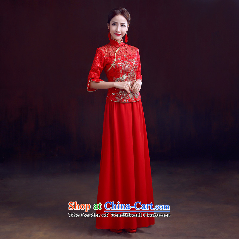 The dumping of the wedding dress wedding dress 2015 new autumn and winter 7 cuff qipao peacock embroidery chiffon 2 piece marriage bows dress red XXL, dumping of wedding dress shopping on the Internet has been pressed.