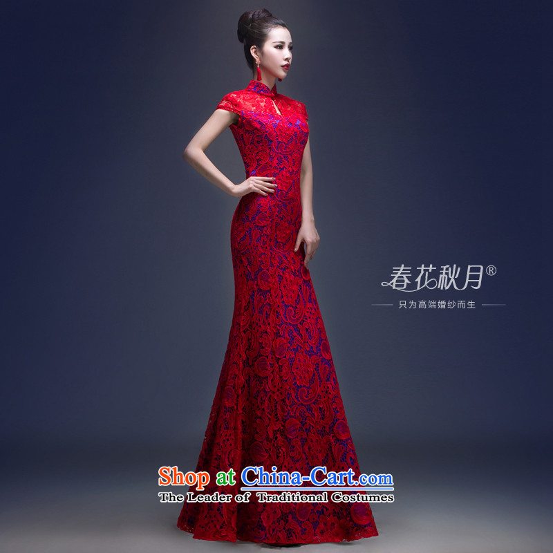 Wedding dresses bows service bridal dresses and stylish new 2015 Antique Lace straps qipao spring long marriage RED M Blooming crazy (chunhuaqiuyue) , , , shopping on the Internet
