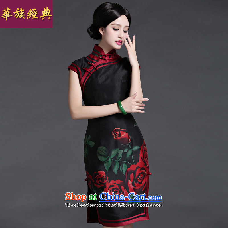 China Ethnic classic spring and summer new high-Precious Silk Cheongsam Ms. lb dresses everyday black background color of the retro improved temperament?S