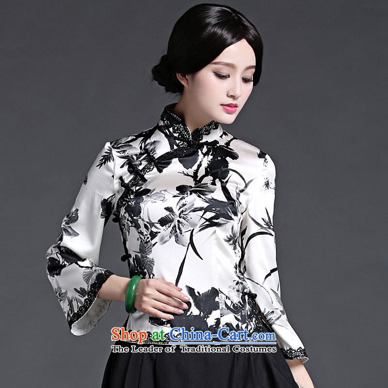 China Ethnic classic heavyweight silk Chinese Tang dynasty retro light short-sleeved T-shirt qipao Ms. spring and summer load improved Han- hwa-classic black and white XXL, HUAZUJINGDIAN (shopping on the Internet has been pressed.)
