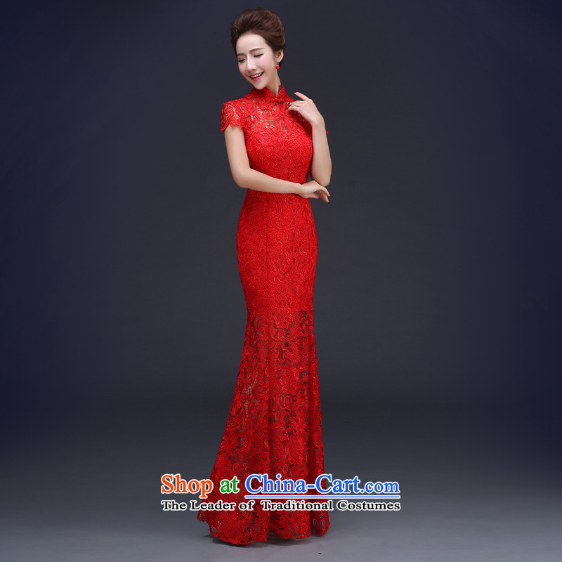Jie mija red lace long crowsfoot retro Chinese qipao bride wedding dress spring evening drink served girl yarn red XL, Cheng Kejie mia , , , shopping on the Internet