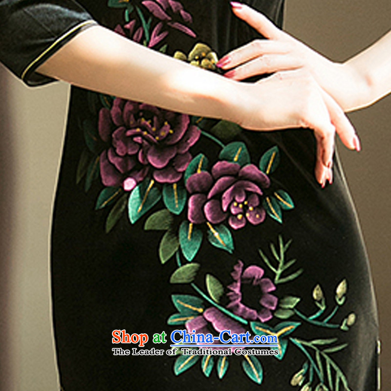 The cheer her flowers in spring and autumn on the new boxed 7 cuff cheongsam dress improvement velvet cuff retro stamp cheongsam dress ZA072 new black M, the cross-sa , , , shopping on the Internet