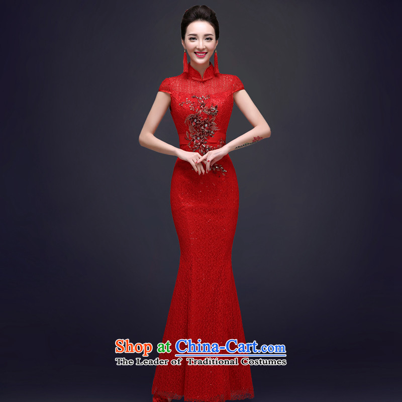 The privilege of serving the new 2015-Leung Chiu-red bride wedding dress long summer of Chinese qipao toasting champagne crowsfoot red S, honor service Service-leung , , , shopping on the Internet