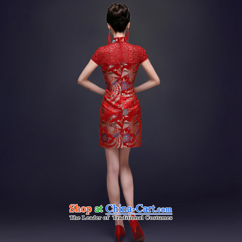 Red high toasting champagne served the bride wedding dress fall short of Qipao Chinese female short-sleeved wedding gown Tang red -leung to honor, L, , , , shopping on the Internet