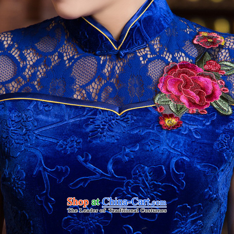 The new kind of cross-sa lace stitching scouring pads improved cheongsam dress China wind qipao daily cheongsam dress ZA 070  S, the Dark Blue Cross-sa , , , shopping on the Internet