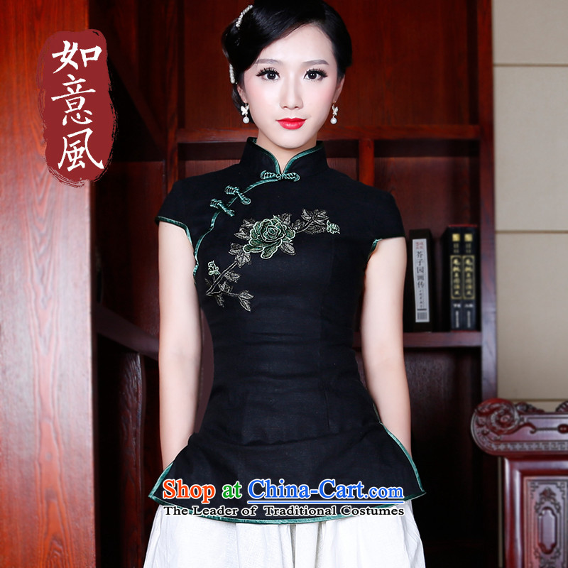 After a day of Tang dynasty women wind improved disk deduction Ms. cotton linen dresses short-sleeved T-shirt of the Republic of Korea wind blouses 50 22 Black XL, recreation wind shopping on the Internet has been pressed.