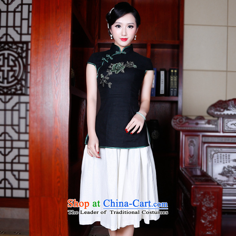 After a day of Tang dynasty women wind improved disk deduction Ms. cotton linen dresses short-sleeved T-shirt of the Republic of Korea wind blouses 50 22 Black XL, recreation wind shopping on the Internet has been pressed.