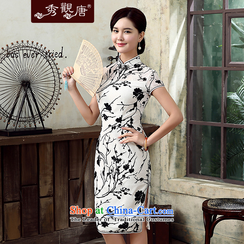 [Sau Kwun Tong] of the Baiyu 2015 Summer new flocking lace qipao cheongsam dress QD5309 improved stylish black-and-white XL, Sau Kwun Tong shopping on the Internet has been pressed.