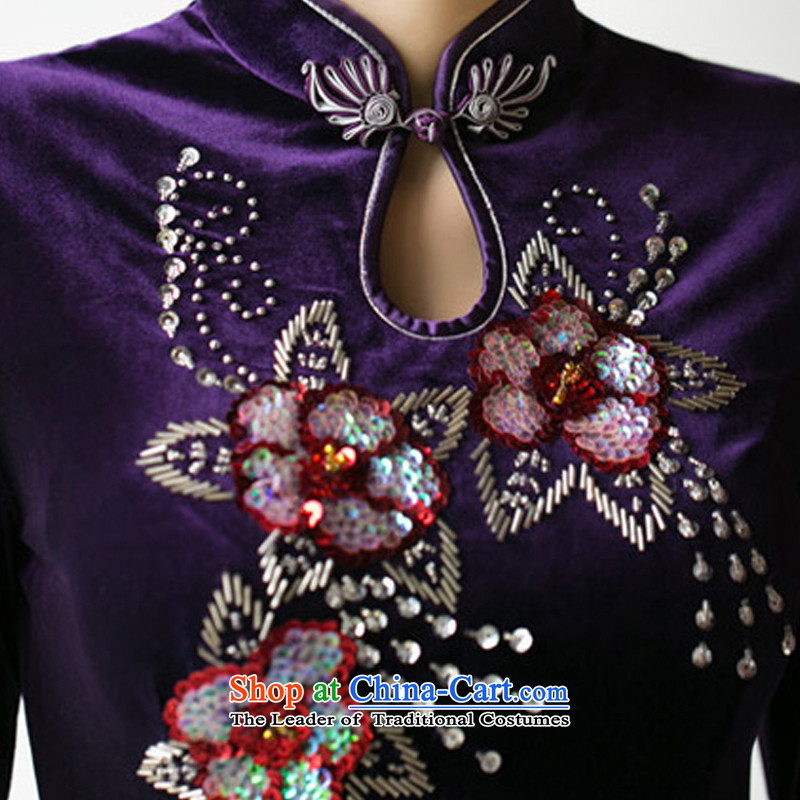 The Watchman sa 2015 cross-Spring Summer manually staple bead scouring pads short qipao retro collar short-sleeved cheongsam dress ZA 083  M, the cross-sa Purple Shopping on the Internet has been pressed.