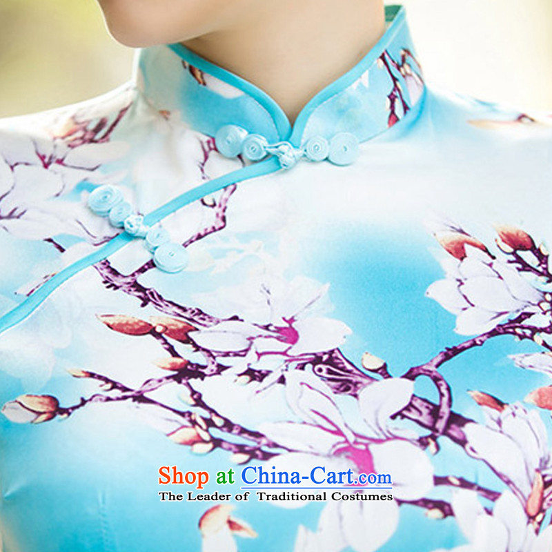 The cross-sha zi Pei new summer daily improved cheongsam dress short-sleeved Silk Cheongsam-ling of stamp dresses, 047  M, sky blue qipao ZA the cross-sa , , , shopping on the Internet