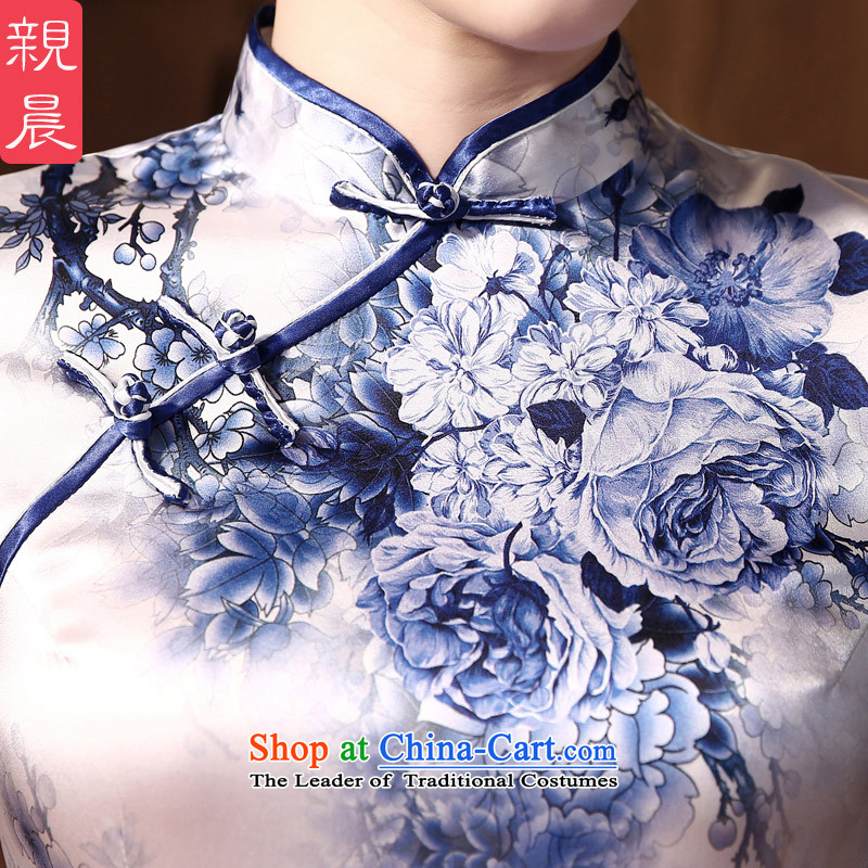 The pro-am new daily qipao 2015 skirt autumn summer retro herbs extract silk cheongsam dress improved blue peony L, pro-am , , , shopping on the Internet