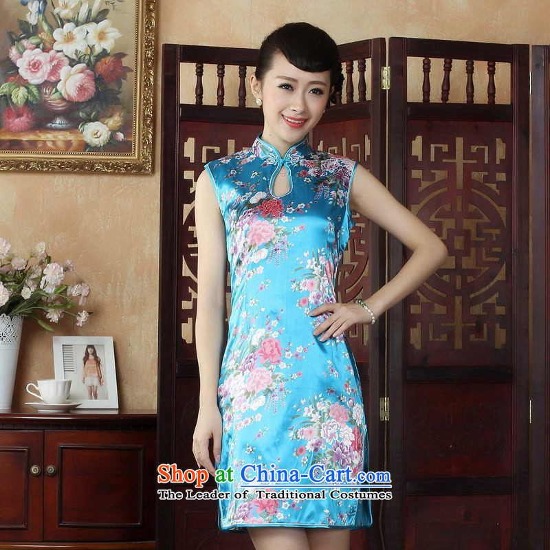 Yet elegant Ms. floor building style qipao and Tang dynasty improved summer qipao gown need collar stamp dress dresses J5025 lake blue XL, floor is floor , , , shopping on the Internet