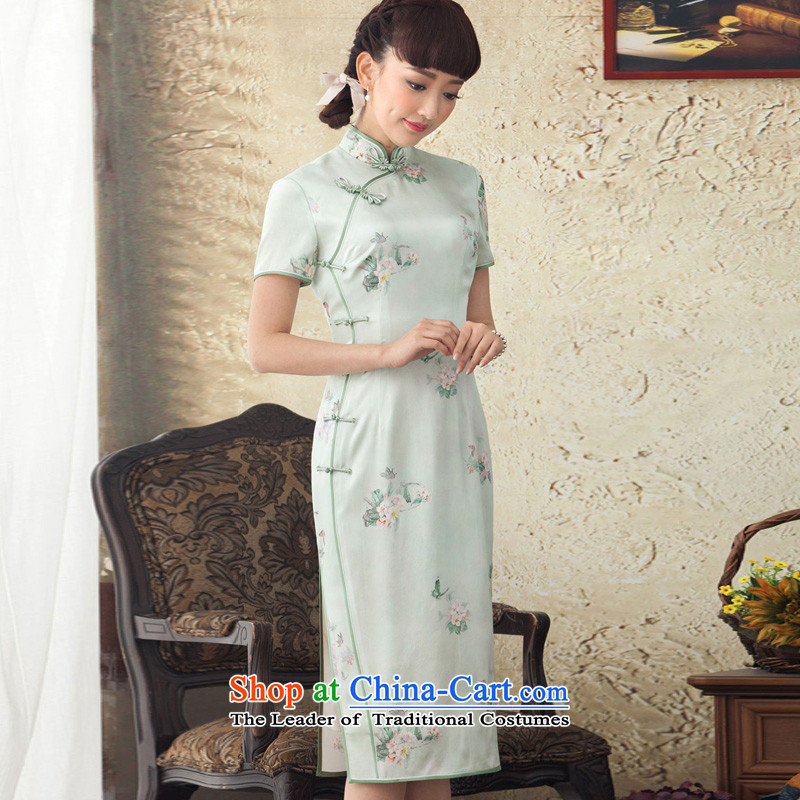 A Pinwheel Without Wind, The incense Yat long Silk Cheongsam stamp improved herbs extract Spring Summer skirt daily green qipao XL, Yat Lady , , , shopping on the Internet