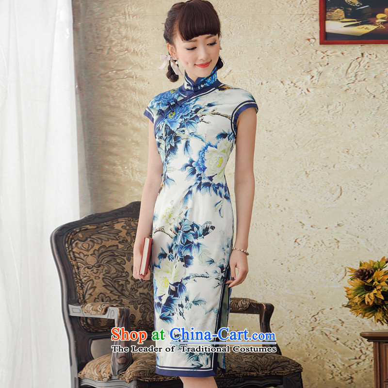 A Pinwheel Without Wind blue spirit-yat improved long porcelain Silk Cheongsam spring/summer 2015, replacing the new republic of korea cheongsam dress blue XL, Yat Lady , , , shopping on the Internet