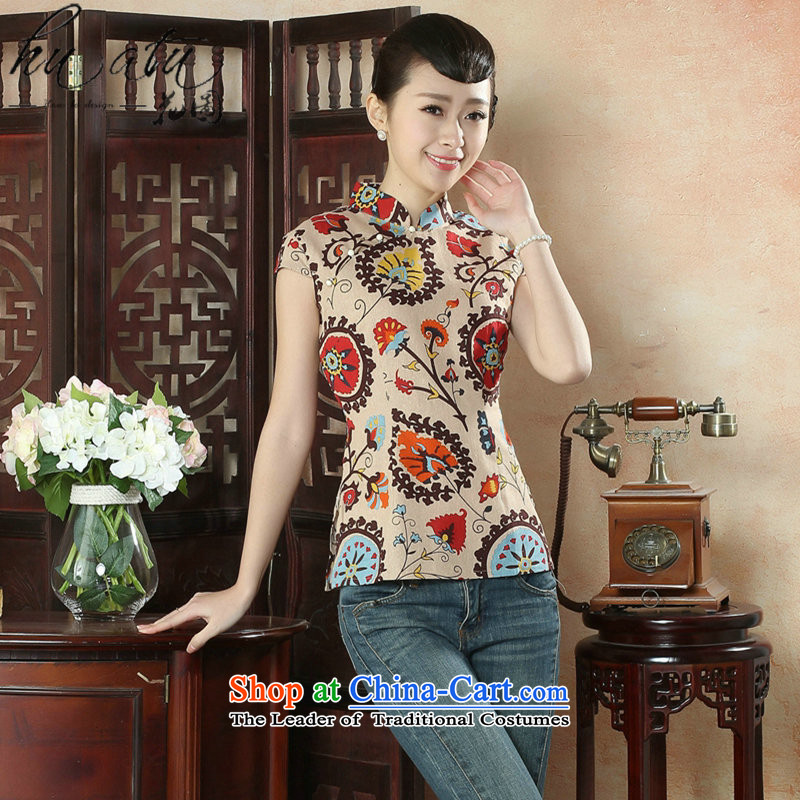 Figure for summer flowers new cheongsam dress shirt Chinese literature improved cotton linen Mock-Neck Shirt Ms. Tang dynasty stamp figure color mosaic XL, , , , shopping on the Internet