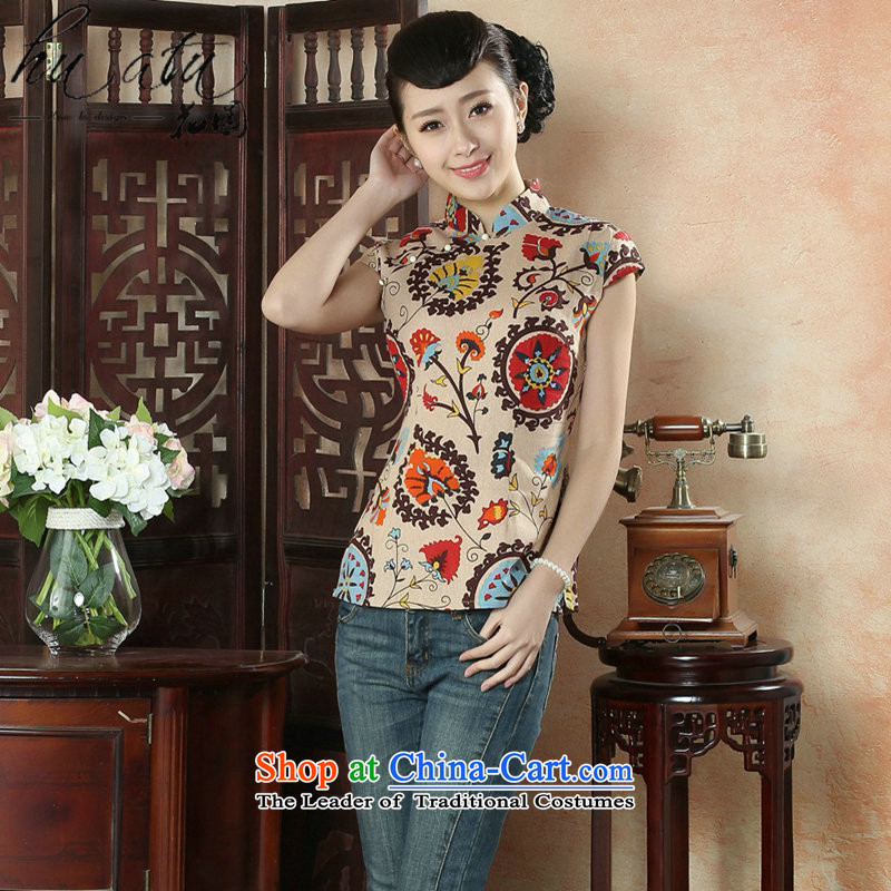 Figure for summer flowers new cheongsam dress shirt Chinese literature improved cotton linen Mock-Neck Shirt Ms. Tang dynasty stamp figure color mosaic XL, , , , shopping on the Internet
