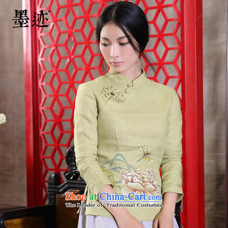 The original ink linen hand-painted Tang dynasty female Han-long-sleeved T-shirt retro ethnic green , L, ink has been pressed shopping on the Internet