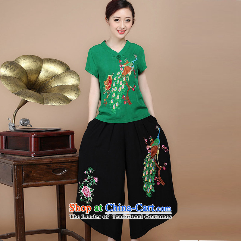 Mr Ronald decorated in 2015 Cotton embroidery Tang dynasty V-Neck short-sleeved T-shirt, two sets of load pants can sell green Kit , L, charm and Asia (charm bali shopping on the Internet has been pressed.)