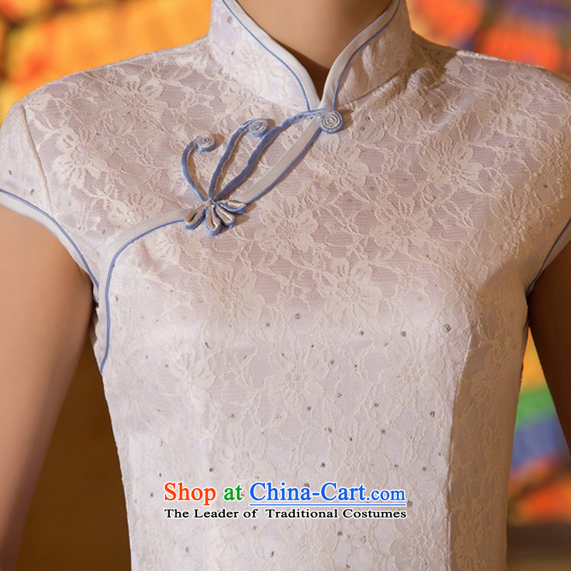 The blue of the cross-sa new summer retro lace daily improved cheongsam dress Short-Sleeve Mock-Neck cheongsam dress ZA 1508 white dress the cross-SA has been pressed XL, online shopping