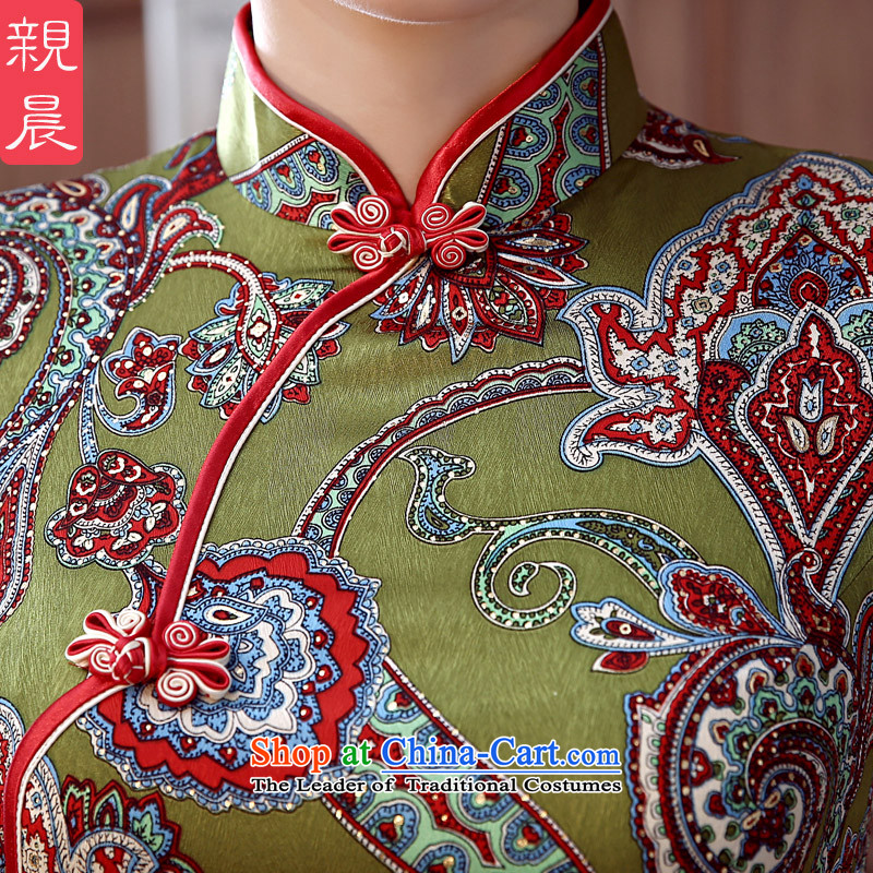 At 2015 new pro-Silk Cheongsam fall short of the summer day-to-dos Santos silk cheongsam dress improved stylish Ms. Green background safflower Silk Cheongsam S pro-am , , , shopping on the Internet