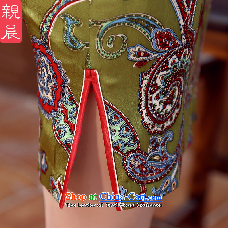 At 2015 new pro-Silk Cheongsam fall short of the summer day-to-dos Santos silk cheongsam dress improved stylish Ms. Green background safflower Silk Cheongsam S pro-am , , , shopping on the Internet