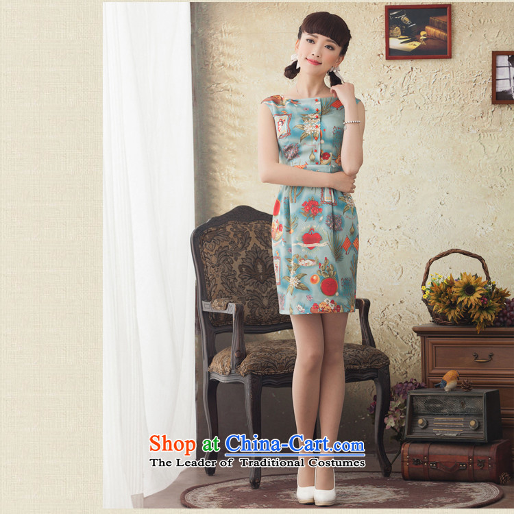 A Pinwheel Without Wind green cycle Yat Silk Cheongsam short, improvement of stamp 2015 new cheongsam spring and summer antique dresses Blue M picture, prices, brand platters! The elections are supplied in the national character of distribution, so action, buy now enjoy more preferential! As soon as possible.