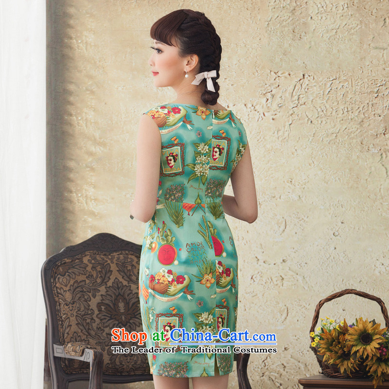 A Pinwheel Without Wind green cycle Yat Silk Cheongsam short, improvement of stamp 2015 new cheongsam spring and summer antique dresses Blue M Yat Lady , , , shopping on the Internet