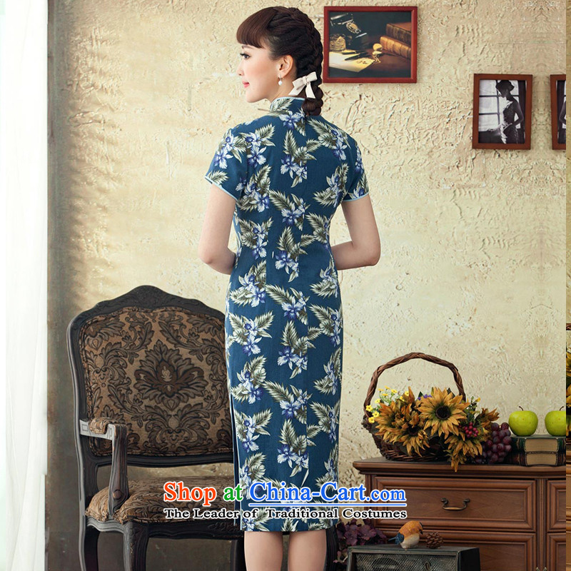 A Pinwheel Without Wind Yat Bik Ying 2015 in New long cotton linen dresses improved spring and summer retro stamp cheongsam dress blue  S, Yat Lady , , , shopping on the Internet