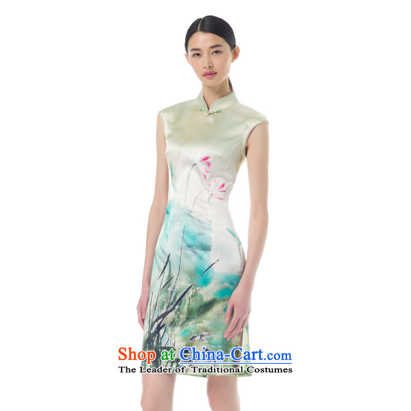 The women's true : the spring and summer of 2015, the new Silk stretch the intuition of the ink lotus short flag classical light green XXL, 15 NO.21850 visitor qipao wood really a , , , shopping on the Internet