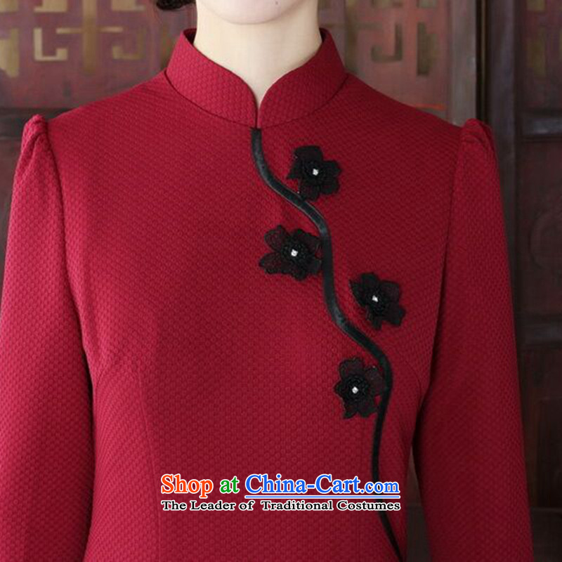 Floral qipao female Chinese improved collar manually stereo spend maschen-moden cheongsam dress banquet service wine red L cheongsam floral shopping on the Internet has been pressed.