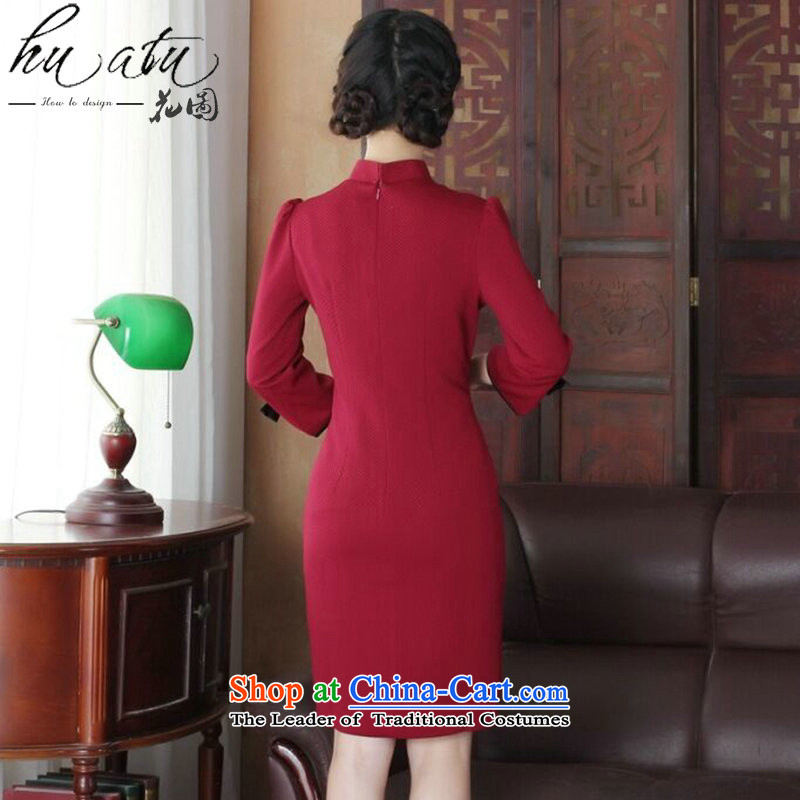 Floral qipao female Chinese improved collar manually stereo spend maschen-moden cheongsam dress banquet service wine red L cheongsam floral shopping on the Internet has been pressed.