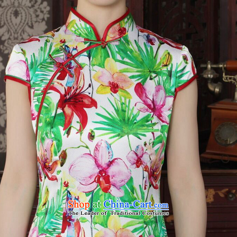 Floral Chinese Silk Cheongsam improved women's Mock-neck herbs extract beautiful summer day-to-day banquet style qipao qipao figure color L, floral shopping on the Internet has been pressed.