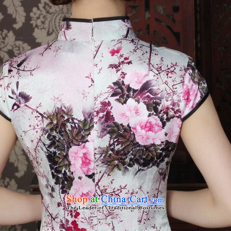 Floral silk cheongsam dress summer Chinese improved Mock-neck herbs extract the bad disk deduction qipao magpies cheongsam dress figure color mosaic XL, , , , shopping on the Internet