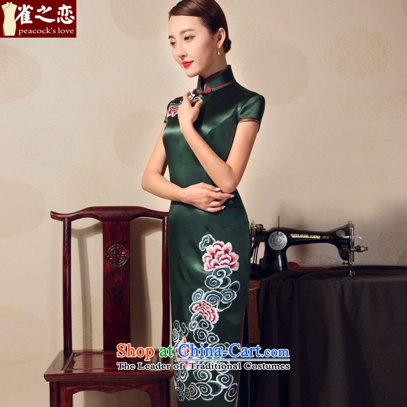 Love of birds 2015 Summer New elegant Chinese Antique long qipao heavyweight silk embroidery cheongsam QD698 Emerald - pre-sale 15 days , M, love birds , , , shopping on the Internet