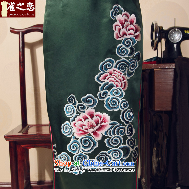 Love of birds 2015 Summer New elegant Chinese Antique long qipao heavyweight silk embroidery cheongsam QD698 Emerald - pre-sale 15 days , M, love birds , , , shopping on the Internet