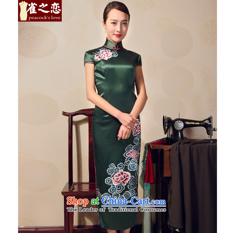 Love of birds 2015 Summer New elegant Chinese Antique long qipao heavyweight silk embroidery cheongsam QD698 EMERALD XXL