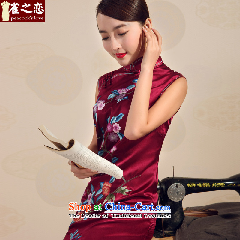 Love of birds 2015 Summer new handicraft embroidery improved stylish heavyweight Silk Cheongsam QD702 long love of birds XL, , , , shopping on the Internet