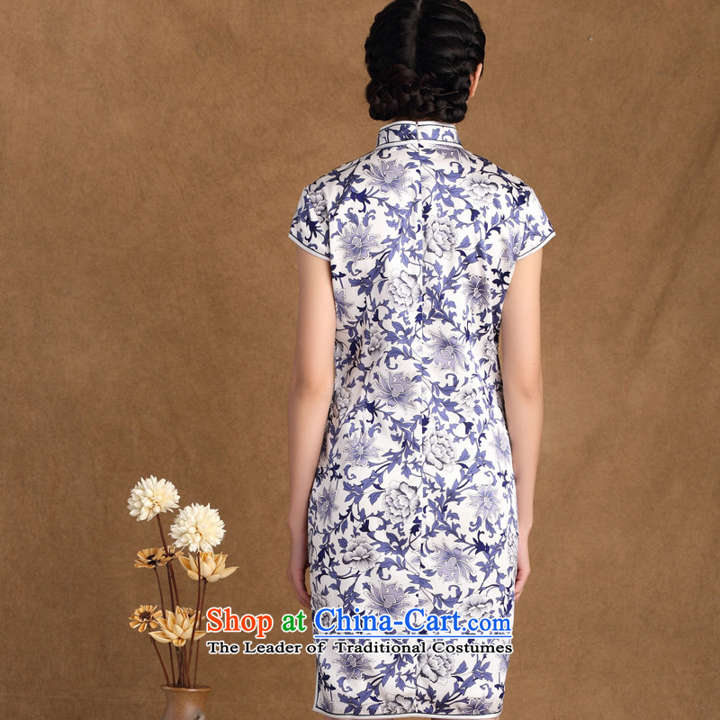 The cheer her blue China wind new stylish retro heavyweight silk cheongsam dress porcelain daily improved cheongsam dress in the cross-M, s001 HZ sa shopping on the Internet has been pressed.