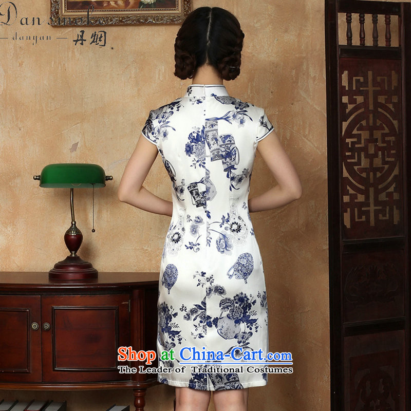 Dan smoke summer new women's dresses silk Chinese improved collar porcelain herbs extract comfortable qipao gown as shown short 3XL, Dan Smoke , , , Color shopping on the Internet