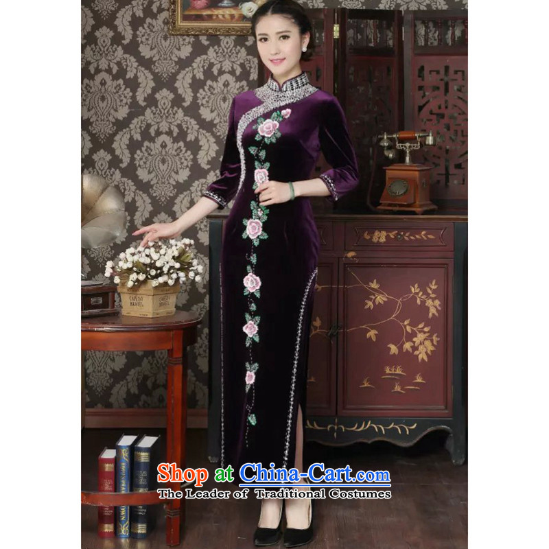 Floral female qipao Tang dynasty scouring pads set noble qipao pearl manually Chinese embroidery banquet Qipao Length improved qipao 3XL, purple flowers figure , , , shopping on the Internet