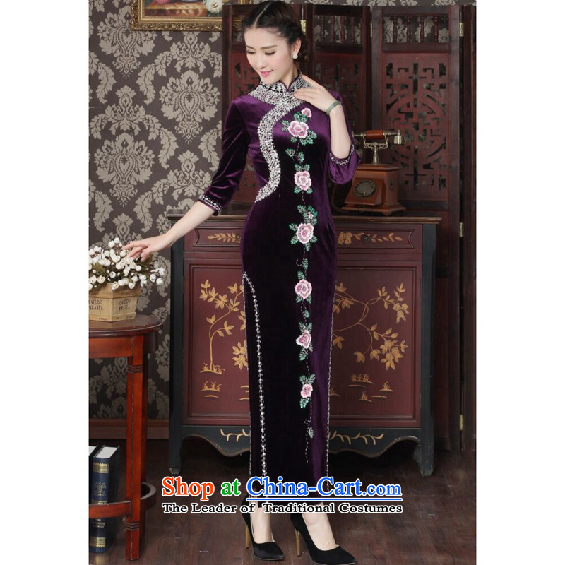 Floral female qipao Tang dynasty scouring pads set noble qipao pearl manually Chinese embroidery banquet Qipao Length improved qipao 3XL, purple flowers figure , , , shopping on the Internet