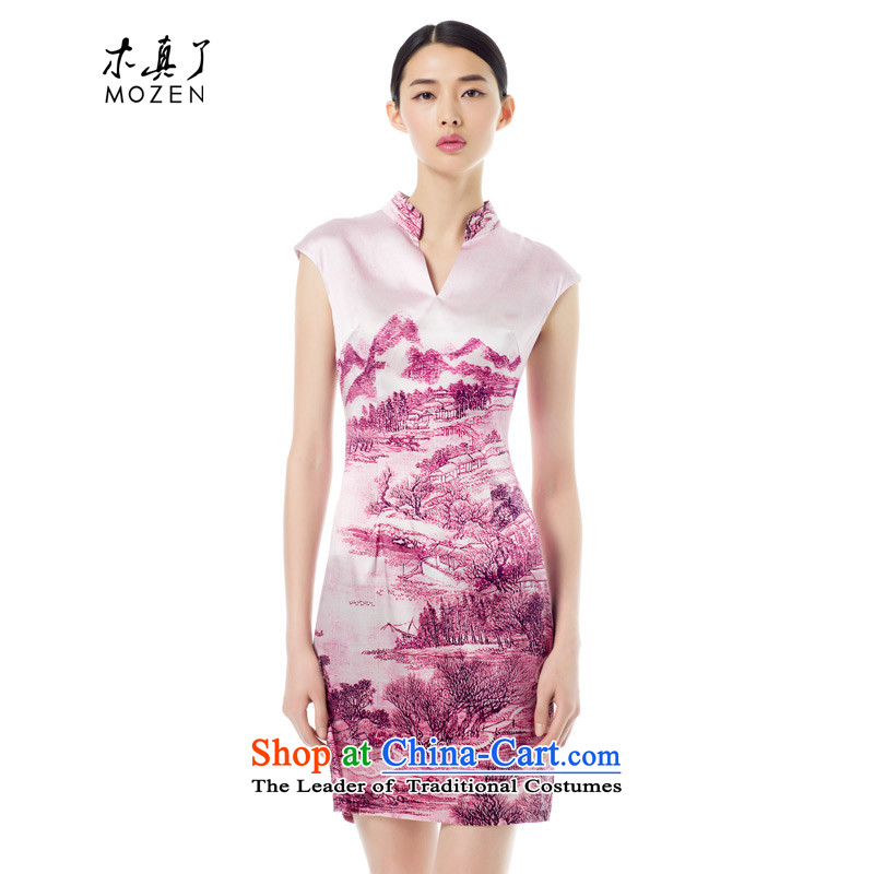 The MOZEN2015 wood really spring and summer new Chinese collar Sau San Poster Shanshui Silk Cheongsam 42812 short 09 light color?Xxl_a_ Coffee